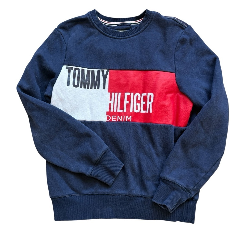VTG! Y2K Tommy Hilfiger Denim Sweatshirt Men's XS Navy Colorblock Logo Pullover